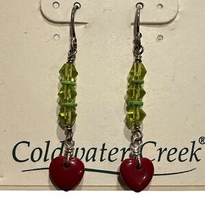 Vtg Coldwater Creek Sterling Silver Genuine Stone Red Heart Green Bead Earrings